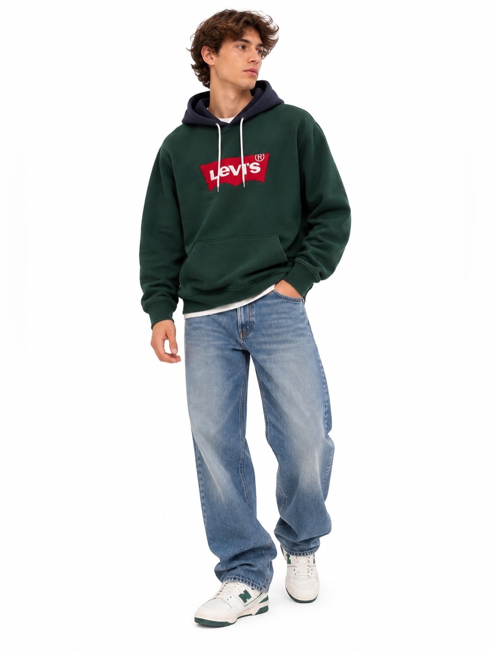 Levi’s Colorblock Hoodie Forest Green & Navy Red Logo Patch – Size Medium EUC